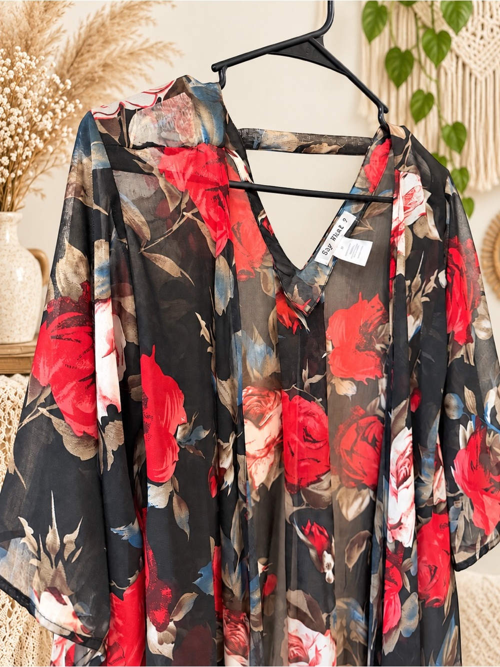 Y2K Black Sheer Floral Kimono with Red Rose Print - Picture 2 of 3